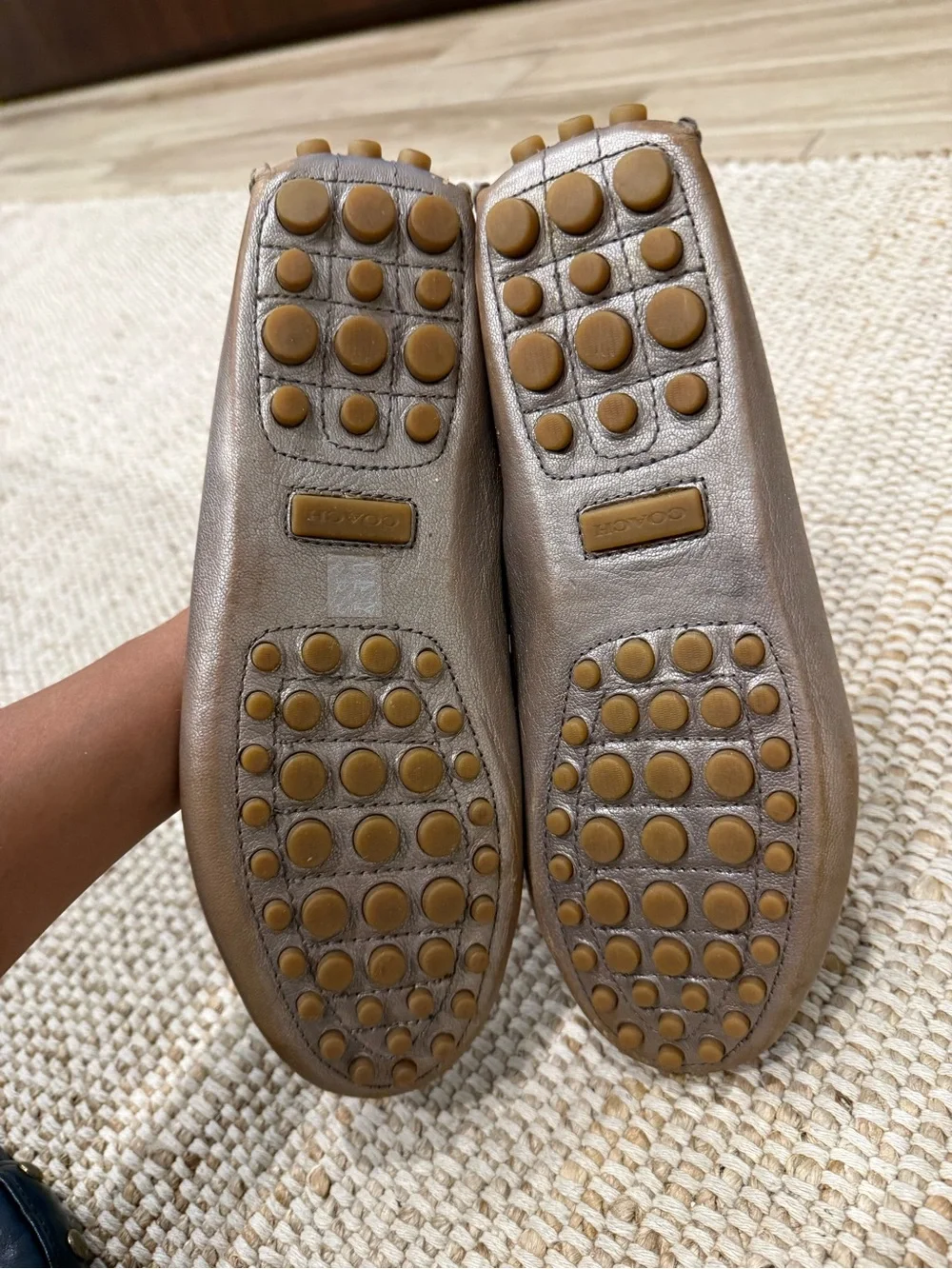 Coach Metallic Taupe Leather Moccasin Flats